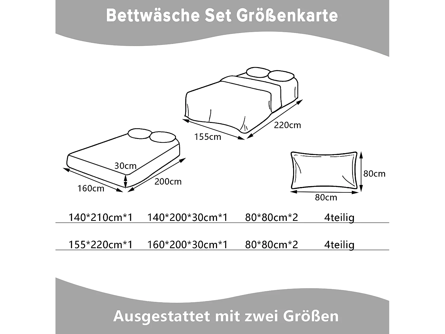 Parure de lit réversible en microfibre, drap-housse 160x200x30 cm, housse de couette avec corde d'angle, 2 taies d'oreiller, gris