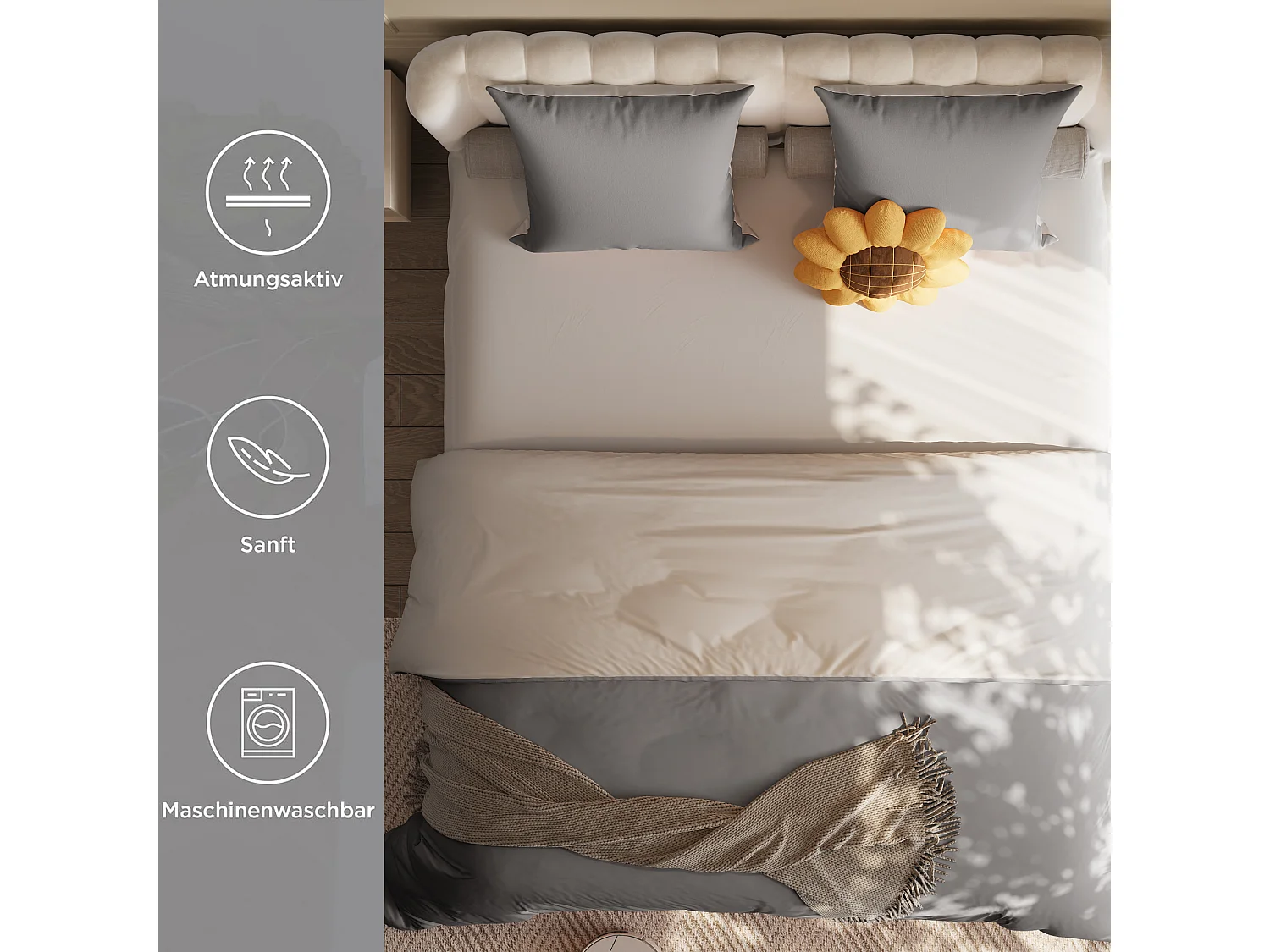 Parure de lit réversible en microfibre, drap-housse 160x200x30 cm, housse de couette avec corde d'angle, 2 taies d'oreiller, gris