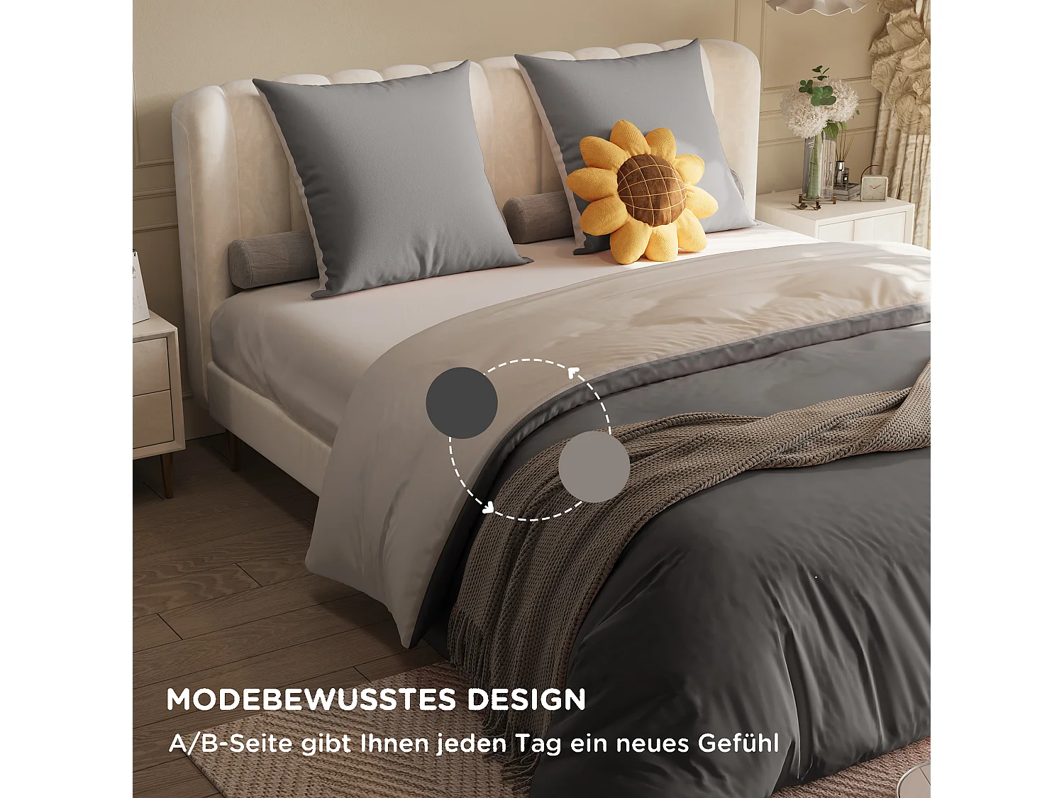 Parure de lit réversible en microfibre, drap-housse 160x200x30 cm, housse de couette avec corde d'angle, 2 taies d'oreiller, gris