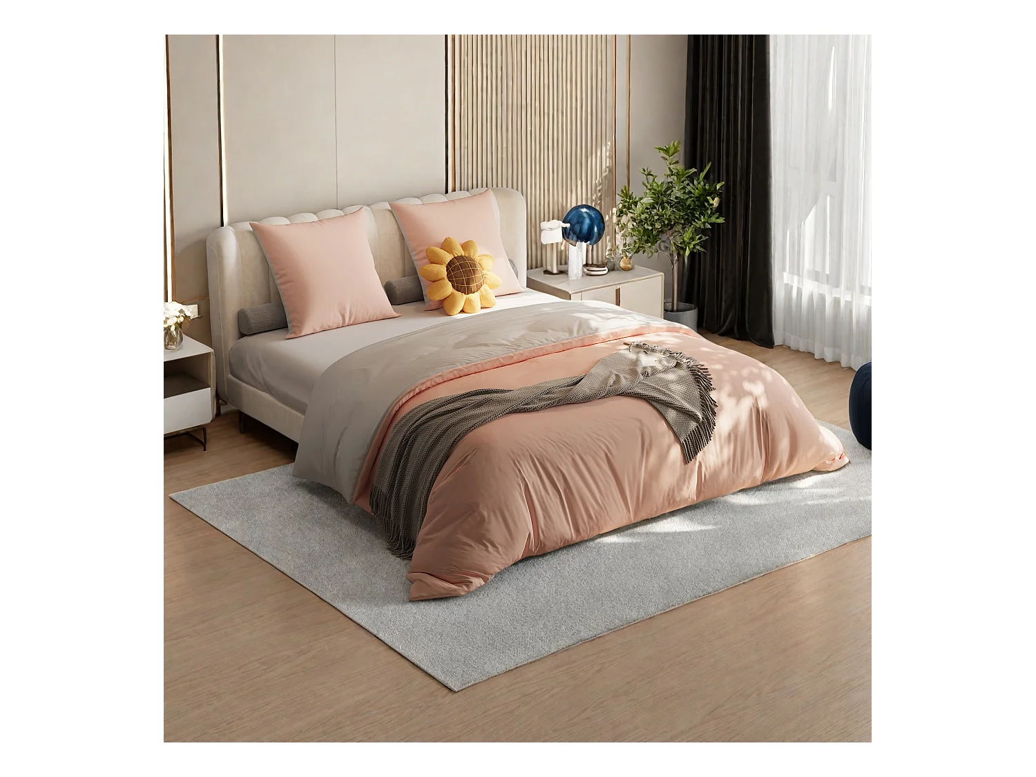 Parure de lit réversible en microfibre,drap-housse 160x200x30 cm, housse de couette avec corde d'angle,2 taies d'oreiller, gris rose