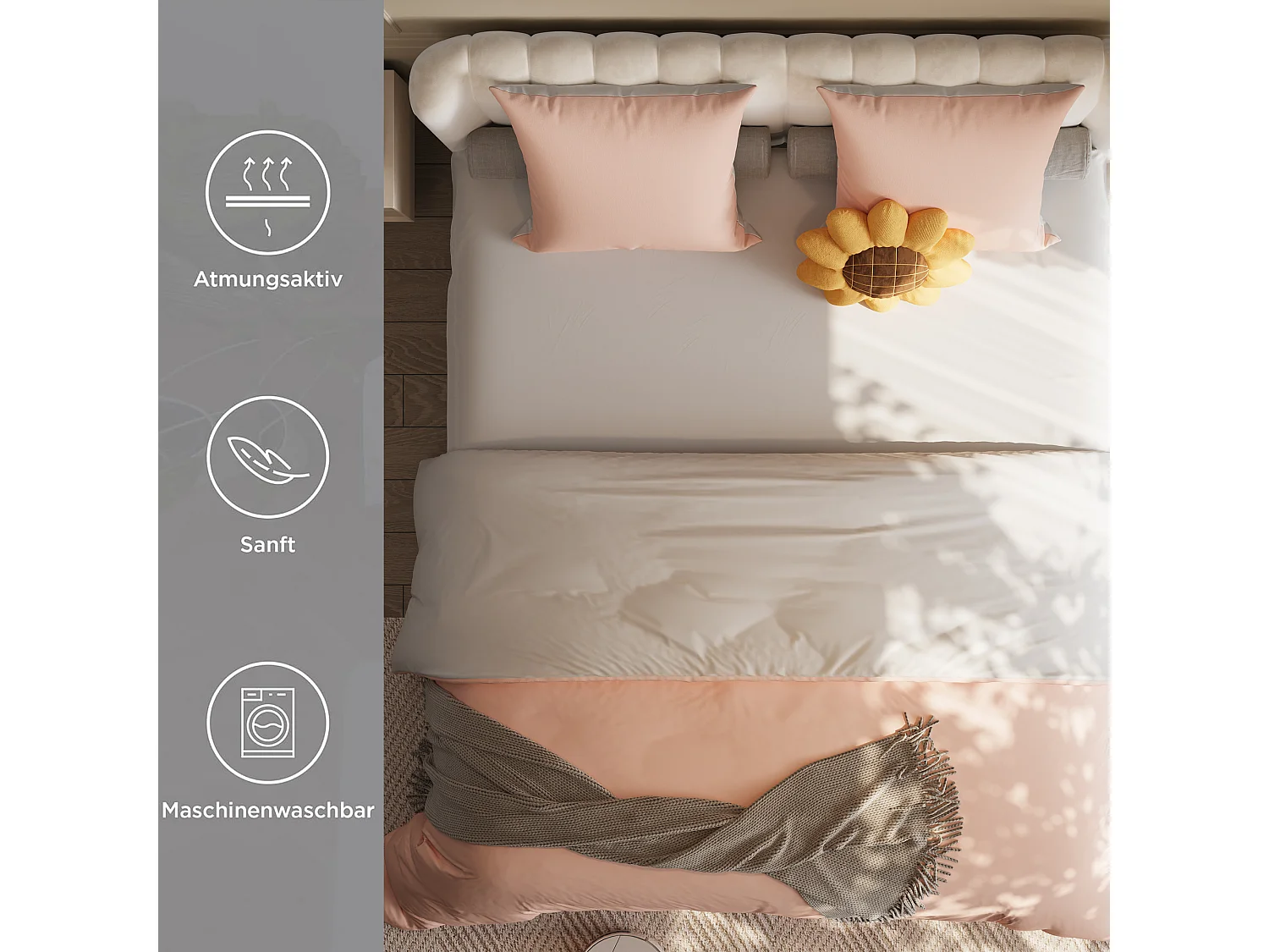 Parure de lit réversible en microfibre,drap-housse 160x200x30 cm, housse de couette avec corde d'angle,2 taies d'oreiller, gris rose