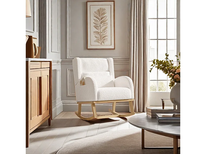 Fauteuil à bascule, fauteuil de relaxation, fauteuil de salon, d'accoudoirs,  laine d'agneau,  avec poches, Blanc