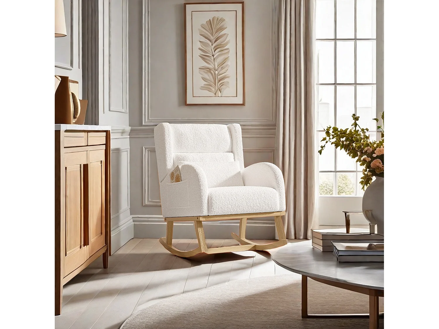 Fauteuil à bascule, fauteuil de relaxation, fauteuil de salon, d'accoudoirs,  laine d'agneau,  avec poches, Blanc