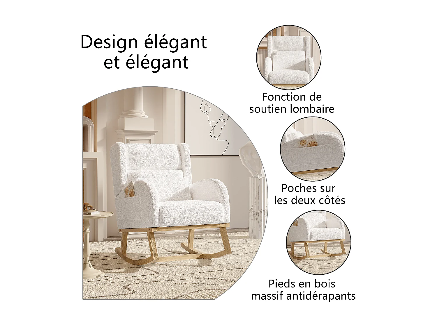 Fauteuil à bascule, fauteuil de relaxation, fauteuil de salon, d'accoudoirs,  laine d'agneau,  avec poches, Blanc