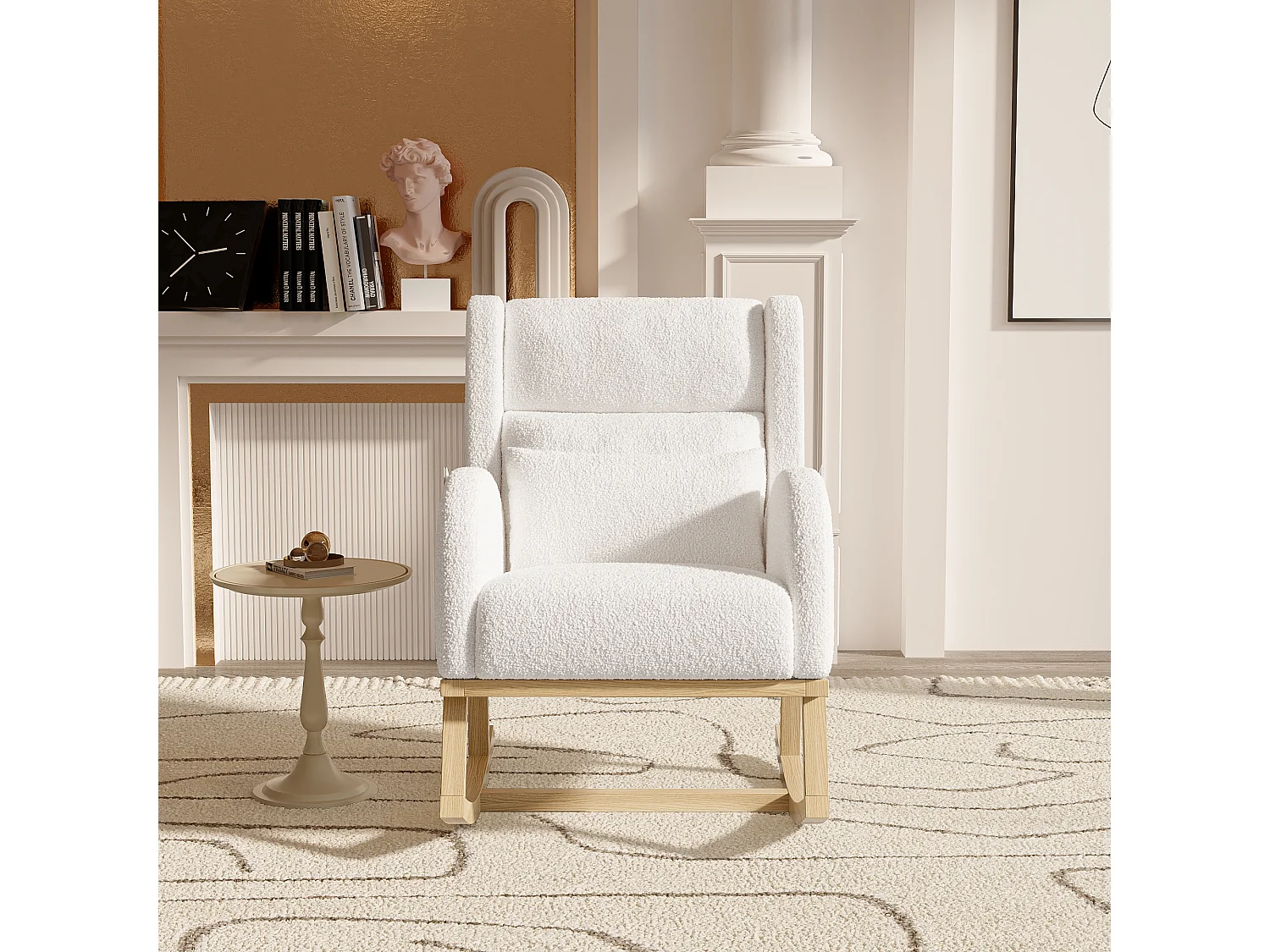 Fauteuil à bascule, fauteuil de relaxation, fauteuil de salon, d'accoudoirs,  laine d'agneau,  avec poches, Blanc