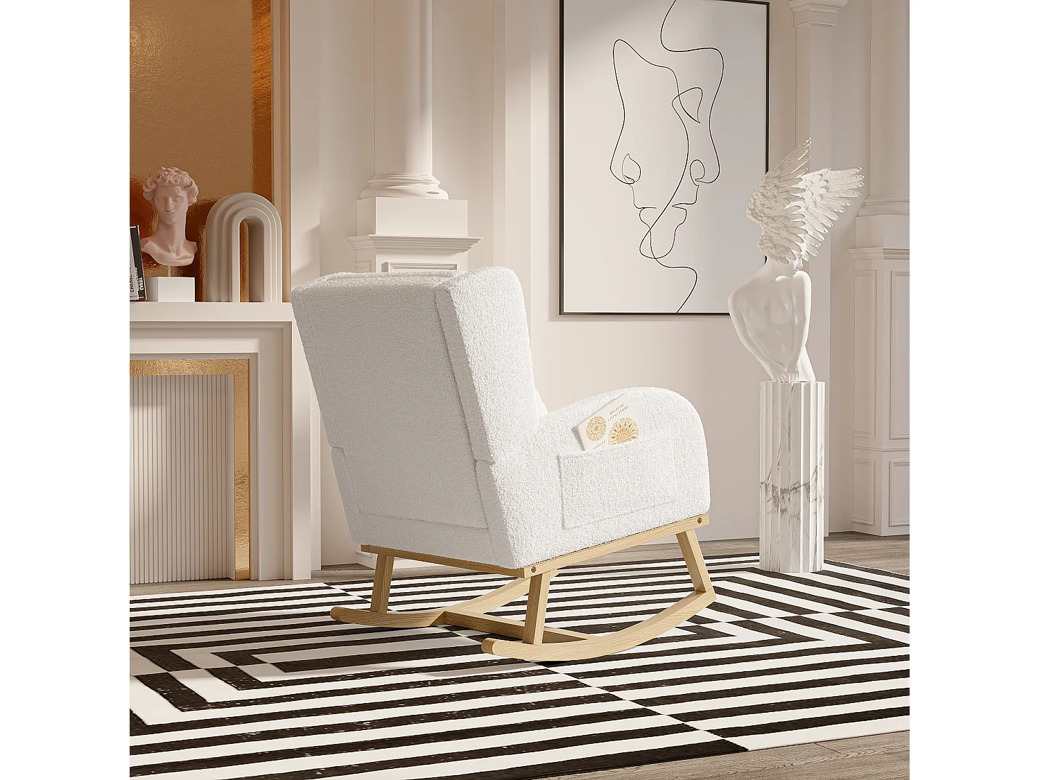 Fauteuil à bascule, fauteuil de relaxation, fauteuil de salon, d'accoudoirs,  laine d'agneau,  avec poches, Blanc