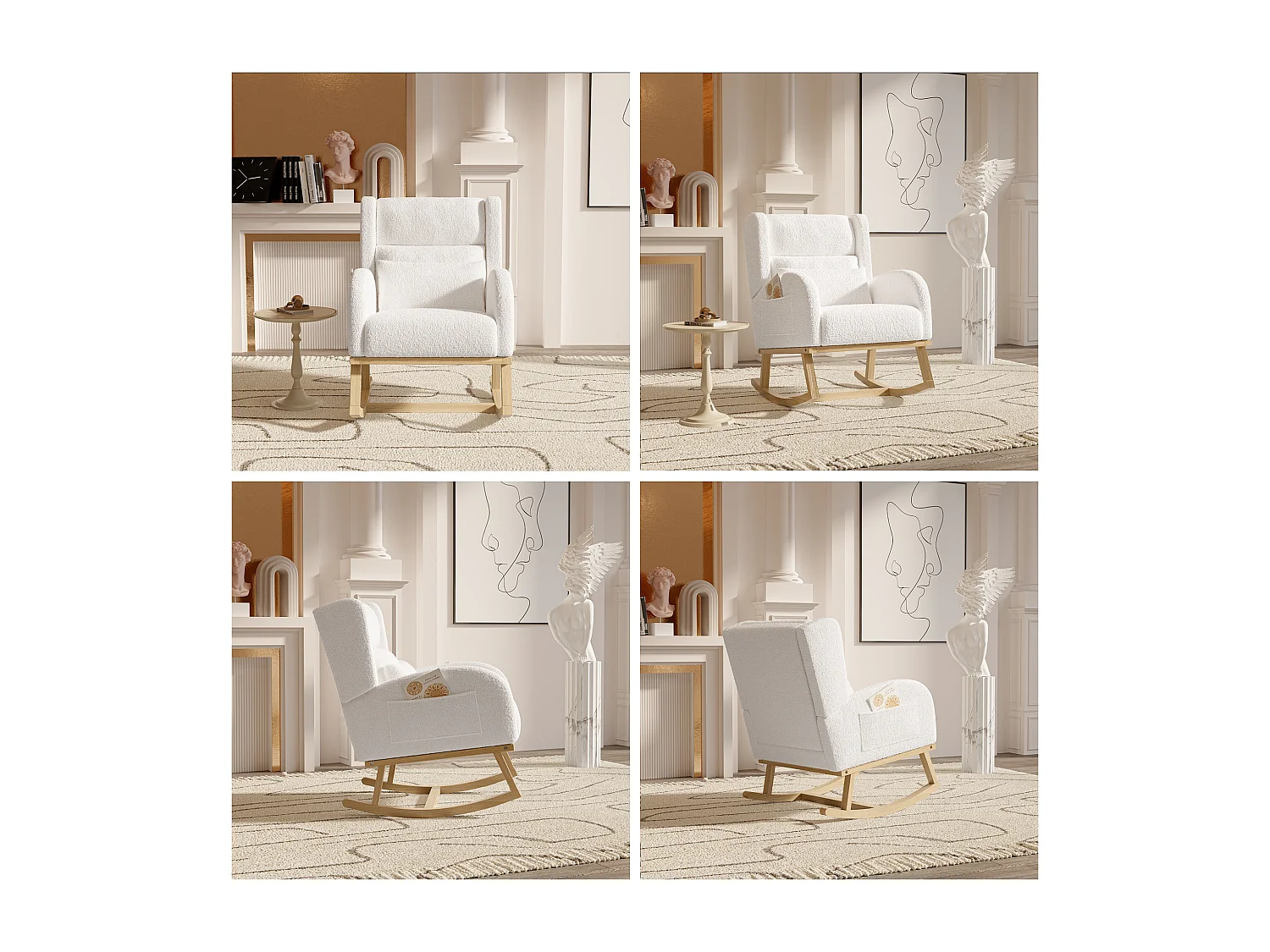 Fauteuil à bascule, fauteuil de relaxation, fauteuil de salon, d'accoudoirs,  laine d'agneau,  avec poches, Blanc