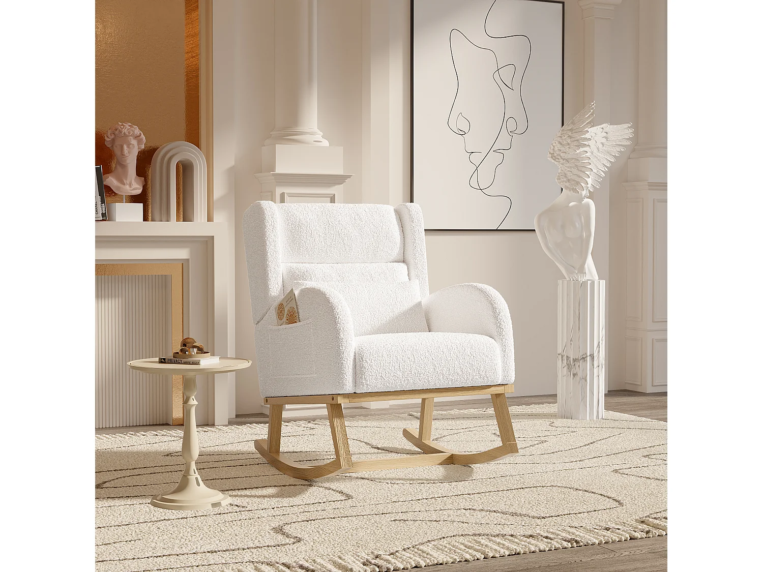 Fauteuil à bascule, fauteuil de relaxation, fauteuil de salon, d'accoudoirs,  laine d'agneau,  avec poches, Blanc