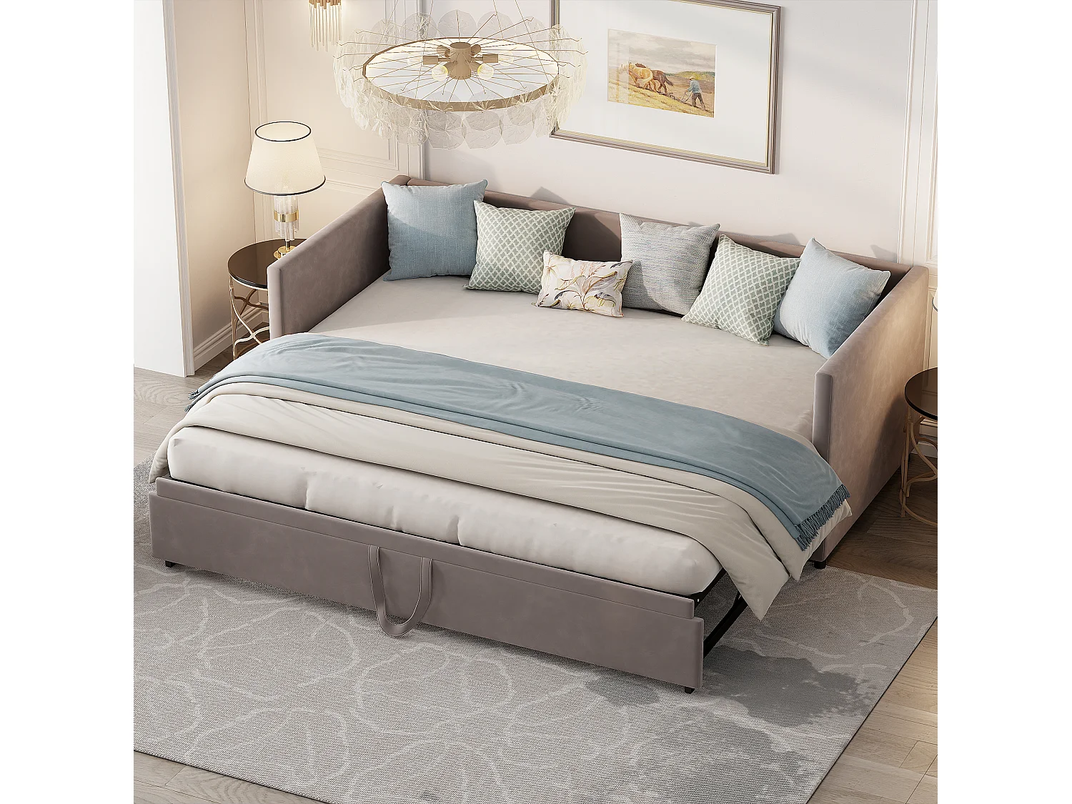 Lit rembourré, canapé-lit  90/180x200 cm, lit multifonction, avec sommier à lattes, tissu velours, sans matelas, gris