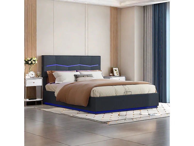 Lit rembourré, lit double, 140 x 200 cm, cadre de lit, lits de rangement, PU, noir, sans matelas