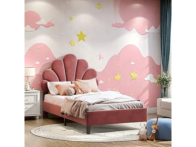 Lit enfant rembourré 90 x 200 cm, cadre de lit avec tête de lit en forme de fleur et sommier à lattes, tissu velours, rouge, matelas non inclus