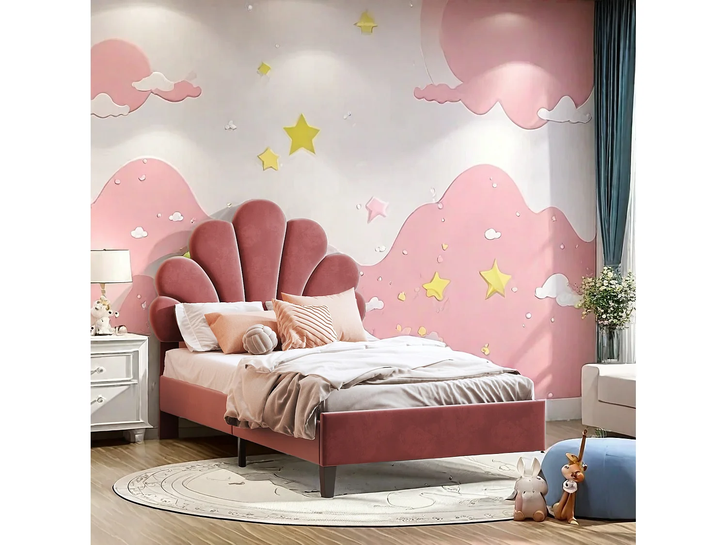 Lit enfant rembourré 90 x 200 cm, cadre de lit avec tête de lit en forme de fleur et sommier à lattes, tissu velours, rouge, matelas non inclus