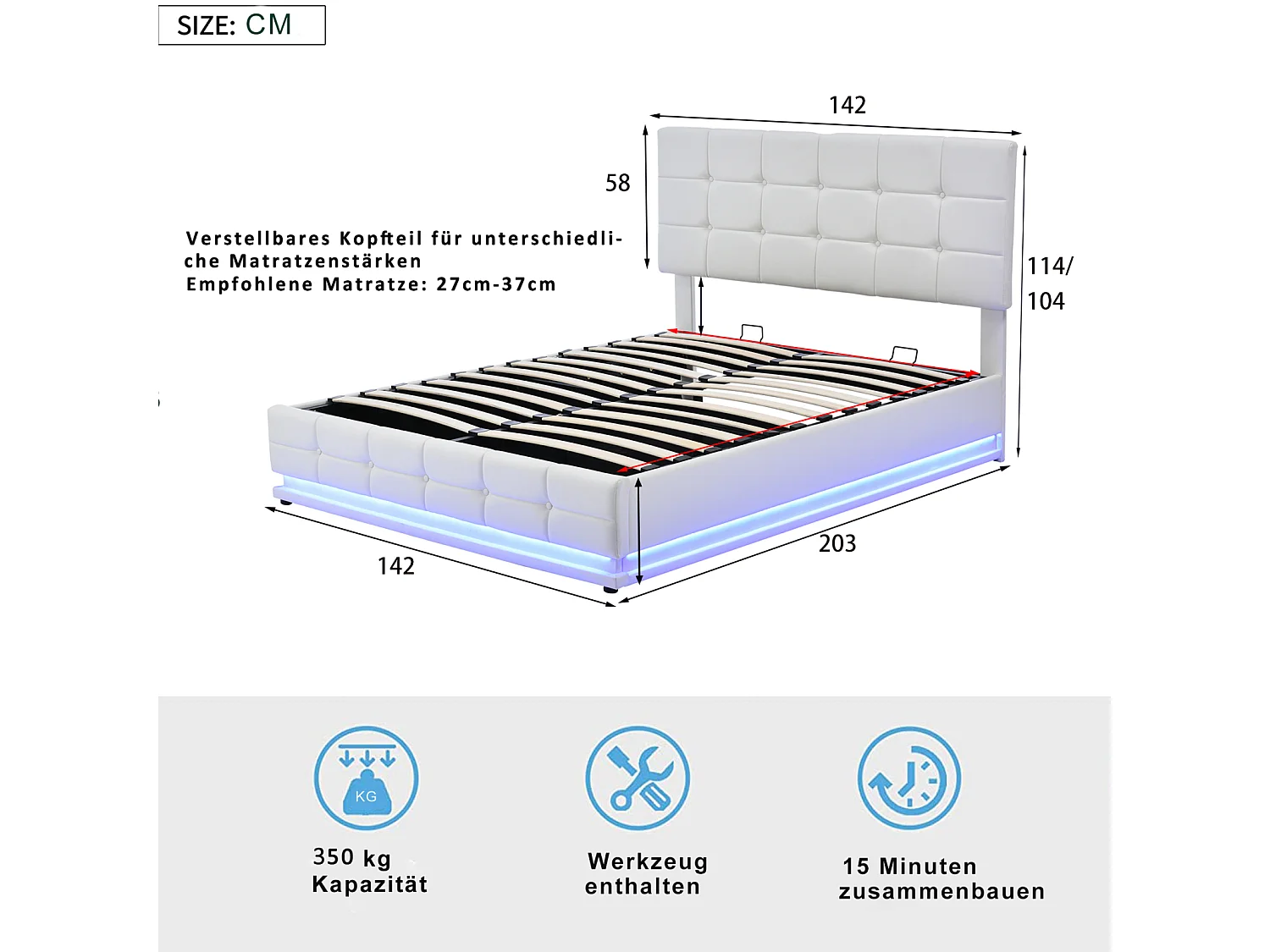 Lit rembourré 140x200 cm, lit double avec espace de rangement à levage hydraulique, avec éclairage LED, blanc
