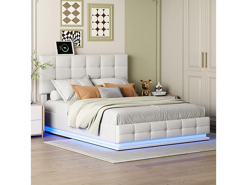 Lit rembourré 140x200 cm, lit double avec espace de rangement à levage hydraulique, avec éclairage LED, blanc