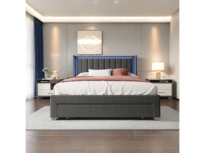 Lit rembourré, lit double, cadre de lit, lit double, 180 X 200 cm, avec tiroirs, avec USB et LED, lin, gris, sans matelas
