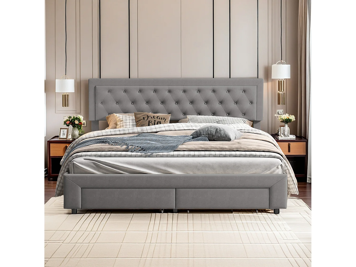 Lit rembourré, lit double, 160 x 200 cm, cadre de lit, lit double, lit de rangement, velours, gris, sans matelas