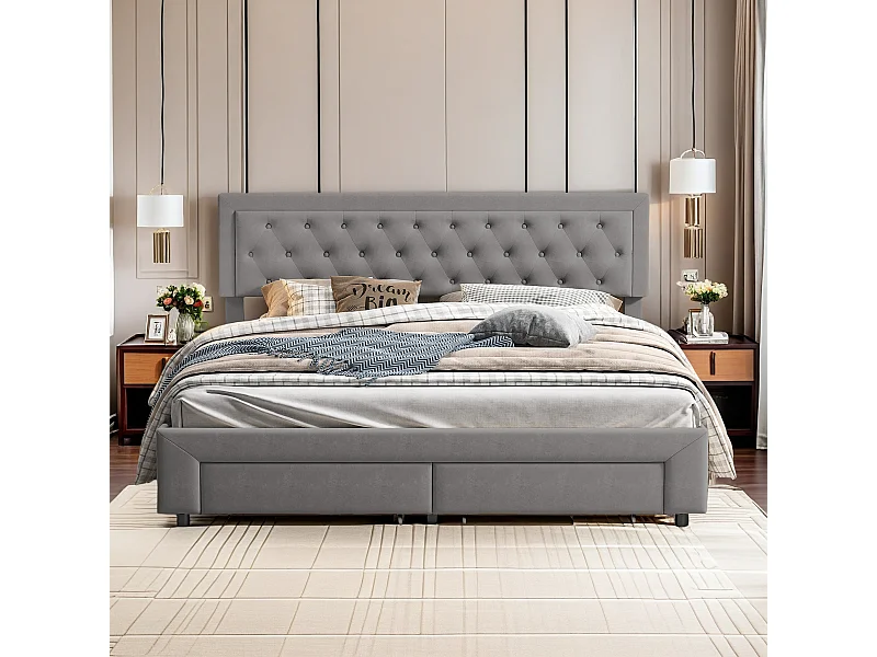 Lit rembourré, lit double, 160 x 200 cm, cadre de lit, lit double, lit de rangement, velours, gris, sans matelas