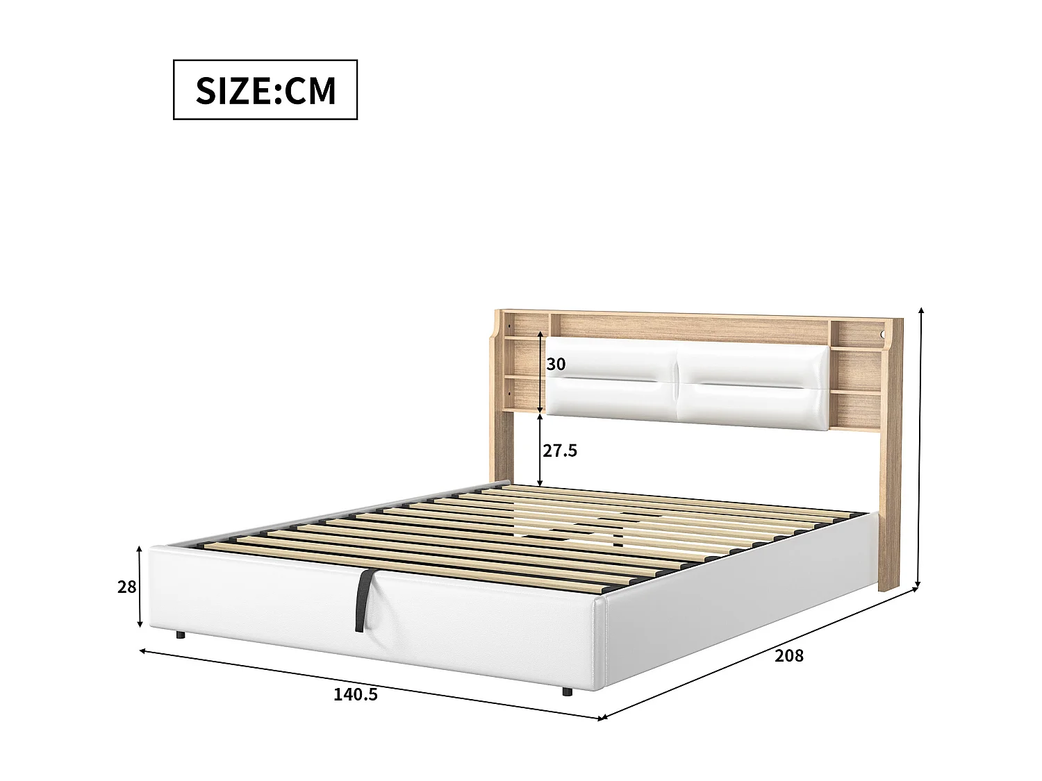 Lit rembourré, lit double 140 x 200 cm, tête de lit ouvrable avec rangement, cadre de lit, PU, ​​blanc (matelas non inclus)