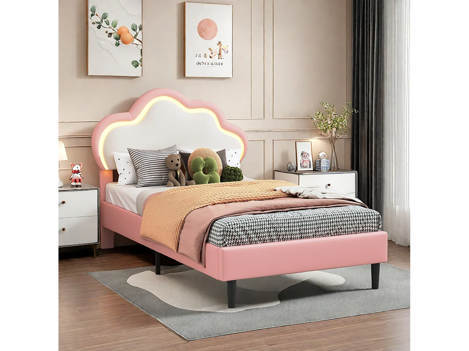 Lit capitonné, lit simple 90 x 200 cm, cadre de lit avec tête de lit en forme de nuage, simili cuir, rose, sans matelas