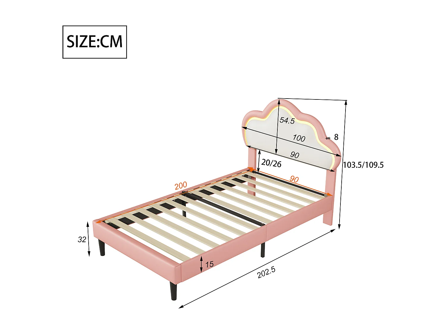 Lit capitonné, lit simple 90 x 200 cm, cadre de lit avec tête de lit en forme de nuage, simili cuir, rose, sans matelas