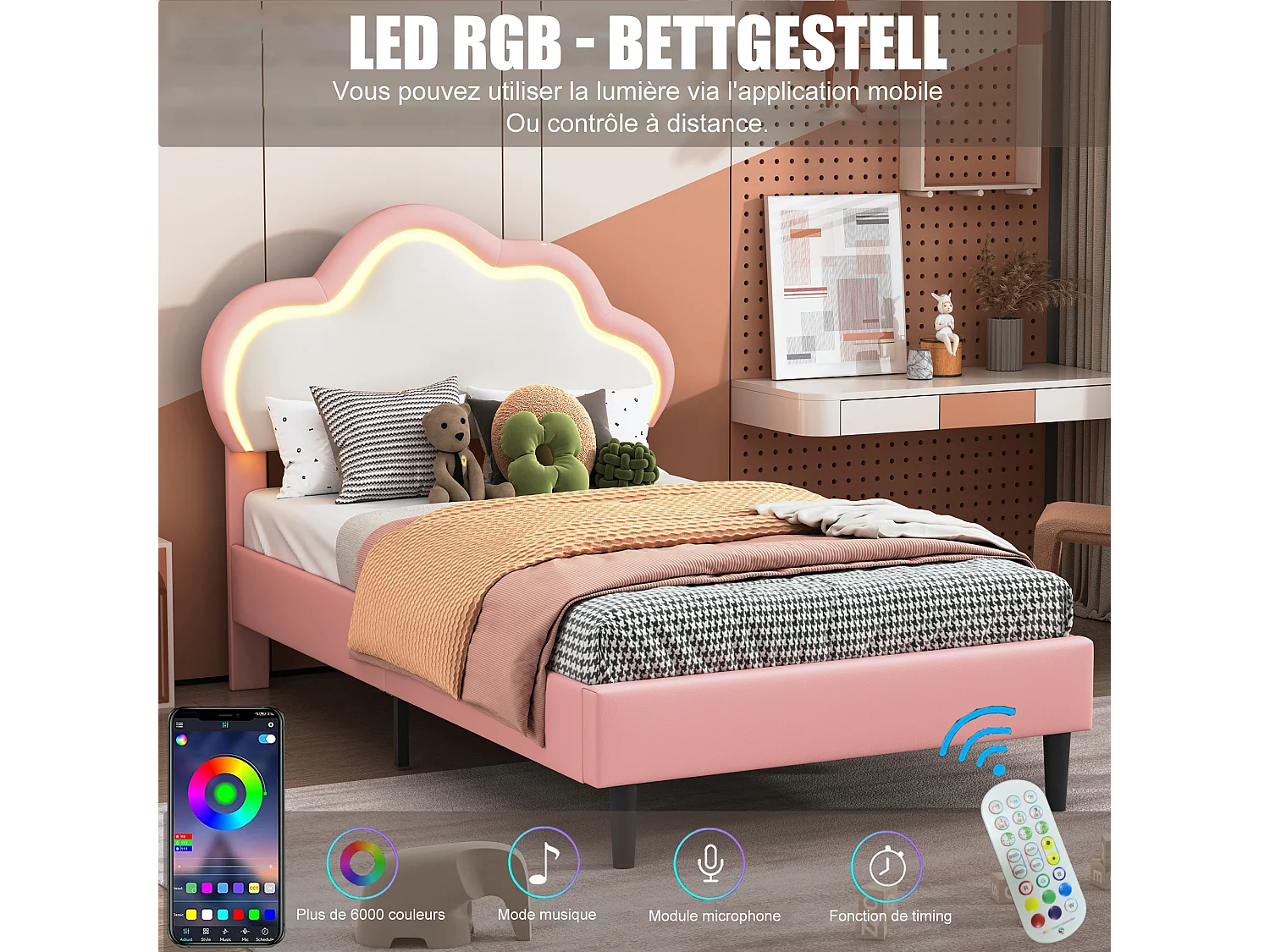 Lit capitonné, lit simple 90 x 200 cm, cadre de lit avec tête de lit en forme de nuage, simili cuir, rose, sans matelas