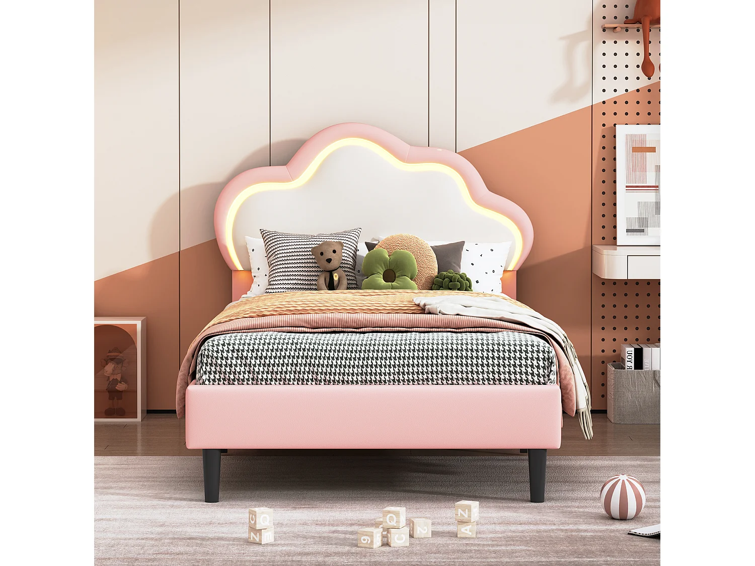 Lit capitonné, lit simple 90 x 200 cm, cadre de lit avec tête de lit en forme de nuage, simili cuir, rose, sans matelas