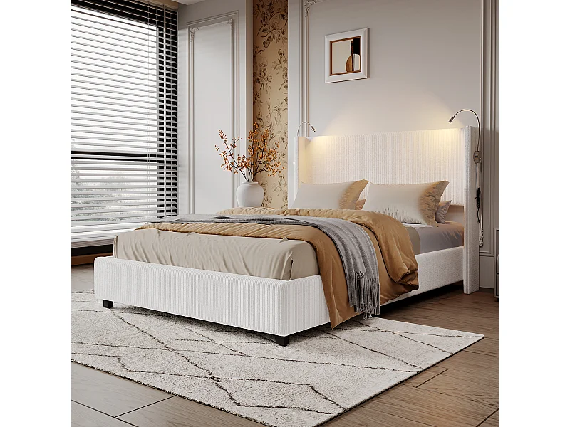 Lit double hydraulique avec lampe de lecture 140 x 200 cm et fonction de chargement USB, lits de rangement, velours côtelé, blanc