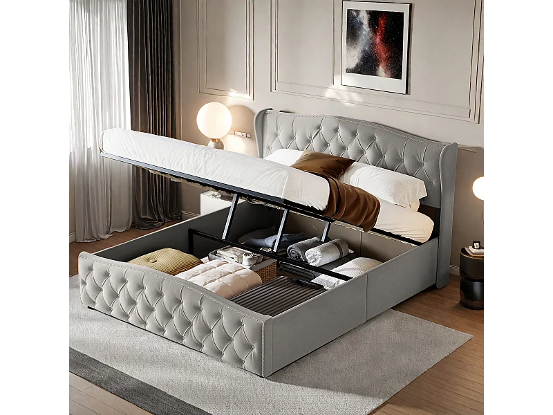 Lit double rembourré, 160 x 200 cm, cadre de lit, lit double, lit de rangement, avec espace de rangement, velours, gris, sans matelas
