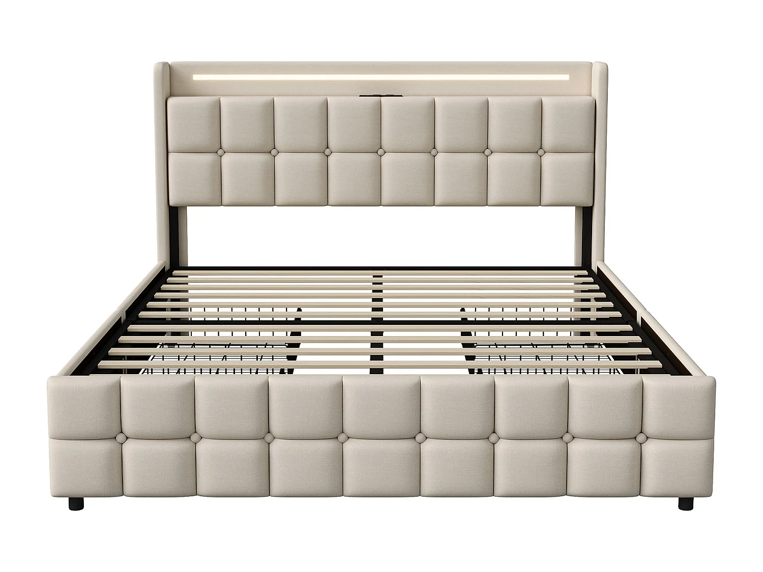 Lit rembourré avec fonction de chargement, lit double 160x200cm, avec éclairage LED, 4 tiroirs, cadre de lit coffre, sommier à lattes en bois, finition lin beige