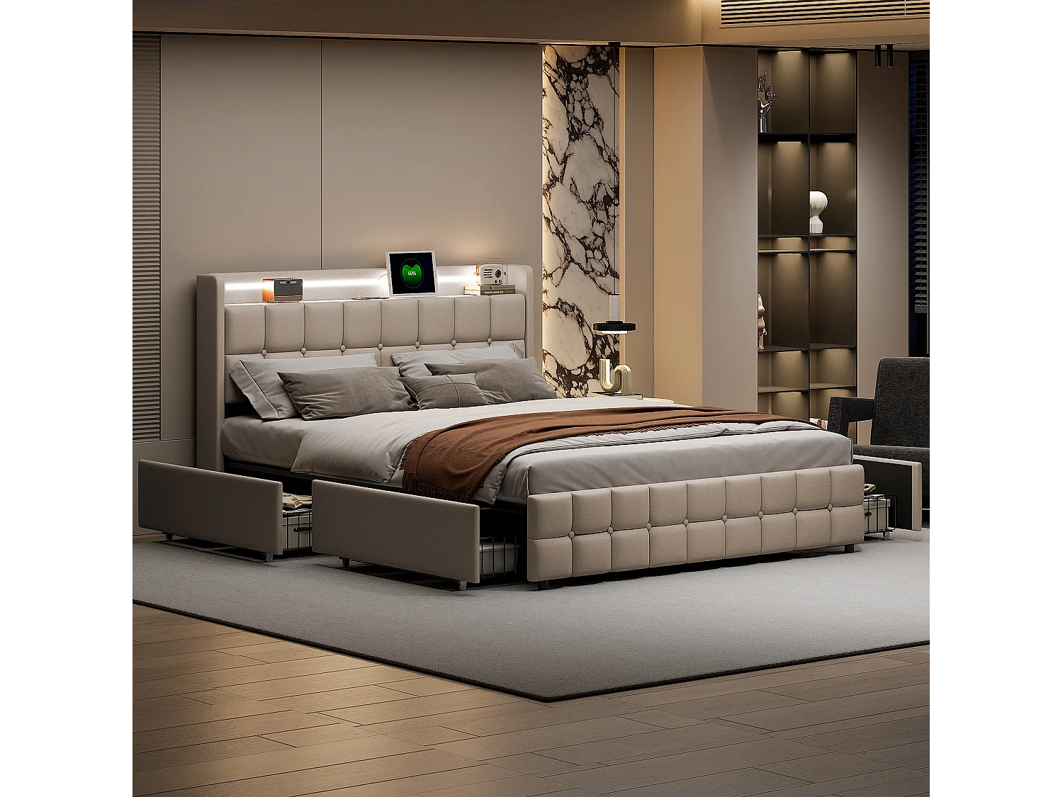 Lit rembourré avec fonction de chargement, lit double 160x200cm, avec éclairage LED, 4 tiroirs, cadre de lit coffre, sommier à lattes en bois, finition lin beige