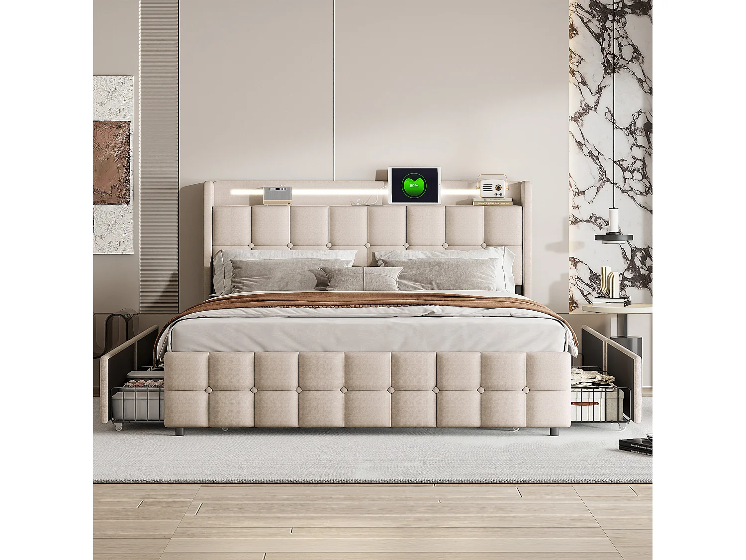 Lit rembourré avec fonction de chargement, lit double 160x200cm, avec éclairage LED, 4 tiroirs, cadre de lit coffre, sommier à lattes en bois, finition lin beige
