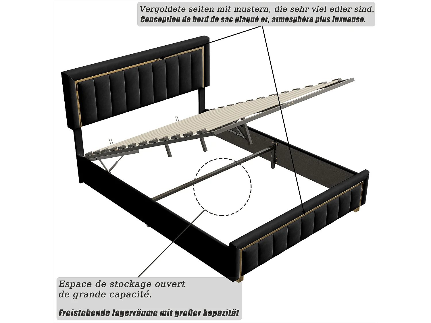 Lit rembourré, lit double, 160 x 200 cm, cadre de lit, lit coffre, avec espace de rangement, velours, noir, sans matelas