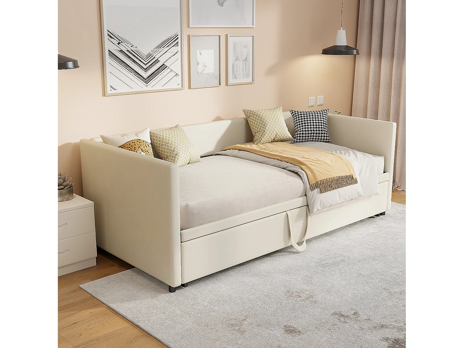 Lit rembourré, canapé-lit  90/180x200 cm, lit multifonction, avec sommier à lattes, tissu velours, sans matelas, beige