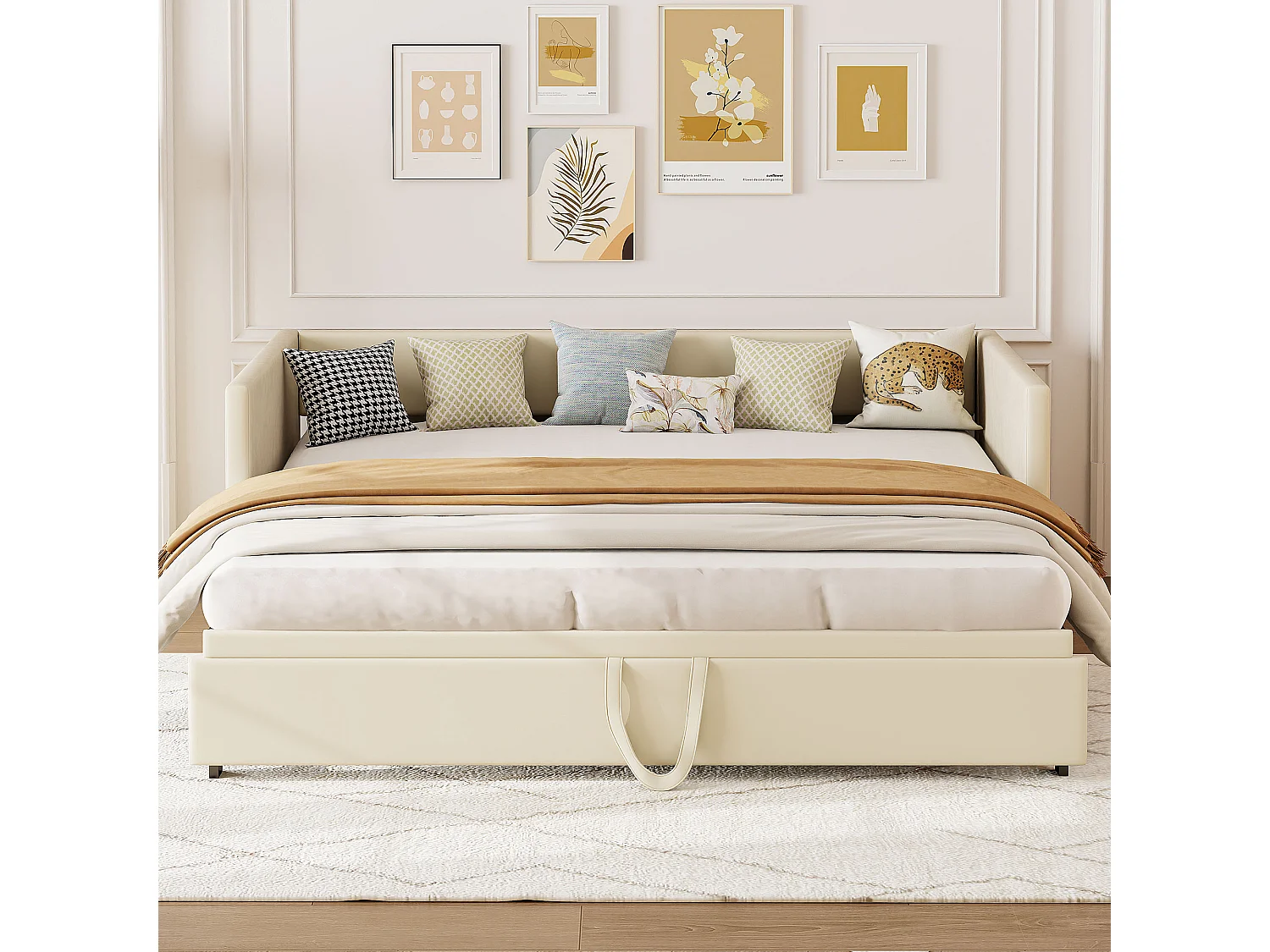 Lit rembourré, canapé-lit  90/180x200 cm, lit multifonction, avec sommier à lattes, tissu velours, sans matelas, beige