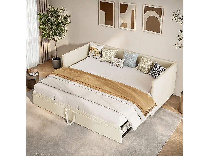 Lit rembourré, canapé-lit  90/180x200 cm, lit multifonction, avec sommier à lattes, tissu velours, sans matelas, beige