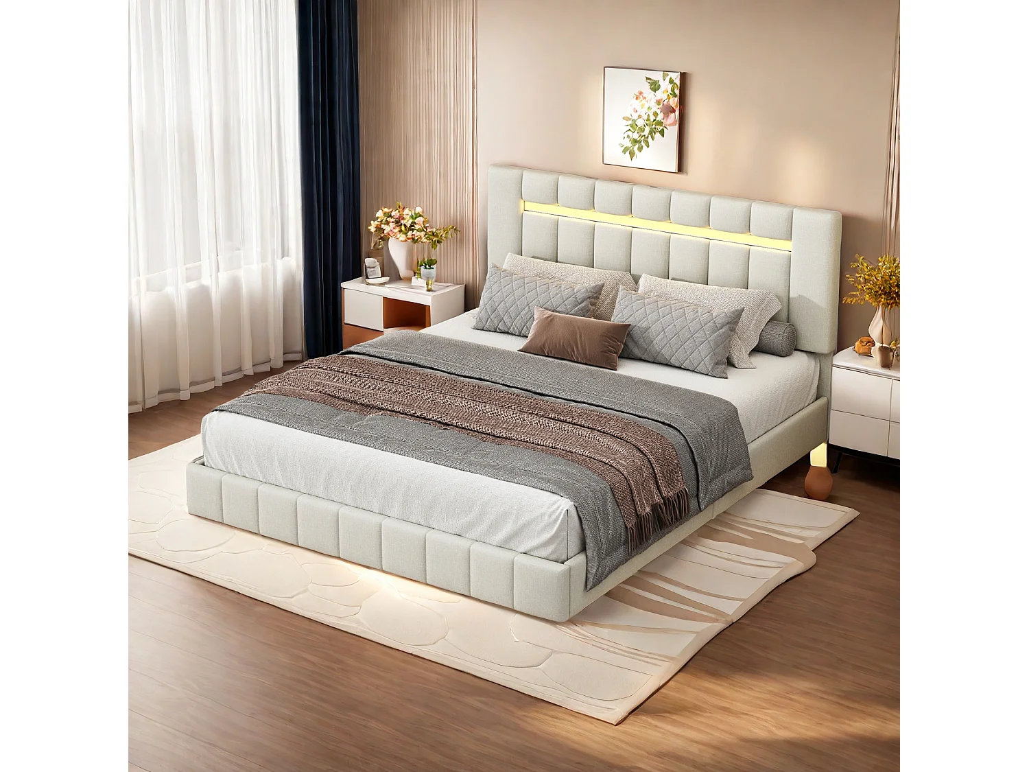 Lit rembourré, lit double, cadre de lit, lit double 160 x 200 cm, avec LED, lin, beige, sans matelas