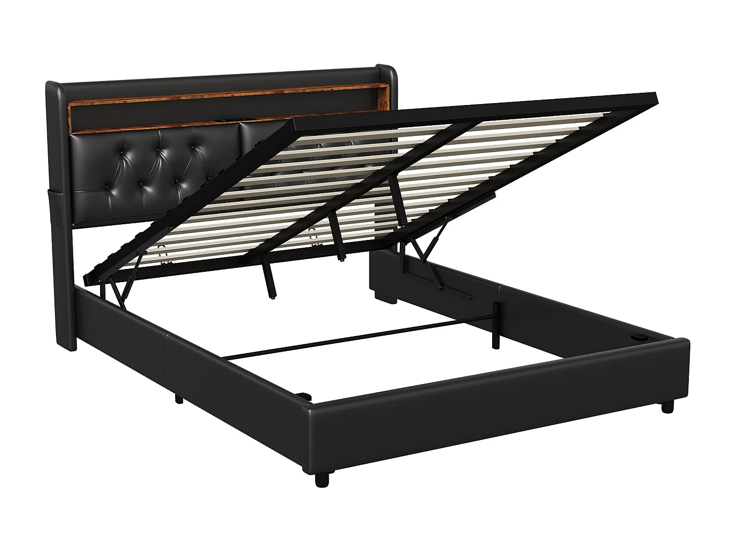 Cadre de lit rembourré en cuir avec station de charge, lit double 180x200 cm avec lumière, espace de rangement sous le lit, noir
