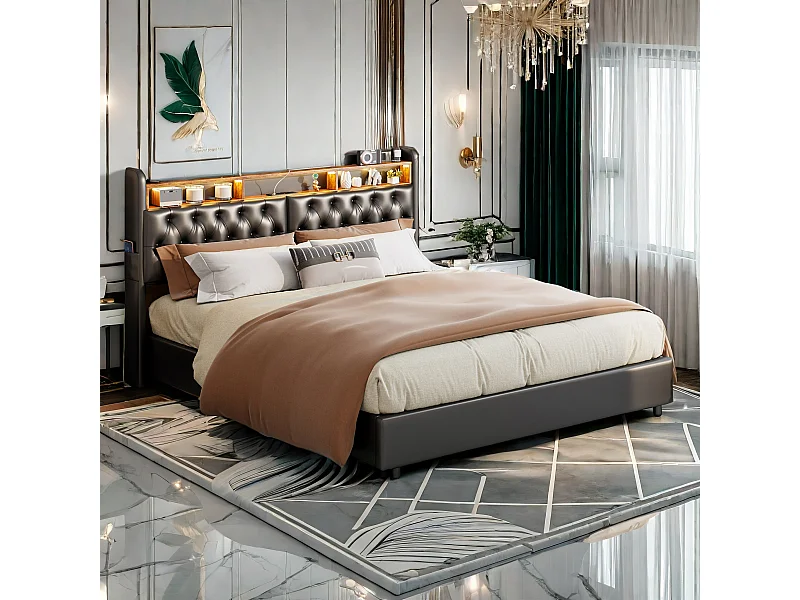 Cadre de lit rembourré en cuir avec station de charge, lit double 180x200 cm avec lumière, espace de rangement sous le lit, noir