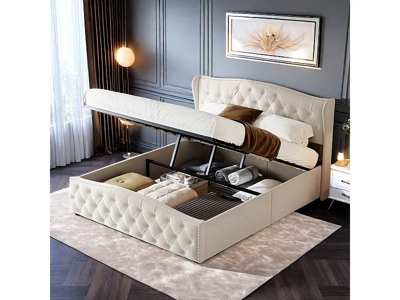Lit double rembourré, 160 X 200 cm, cadre de lit, lit double, lit de rangement, avec espace de rangement, velours, beige, sans matelas