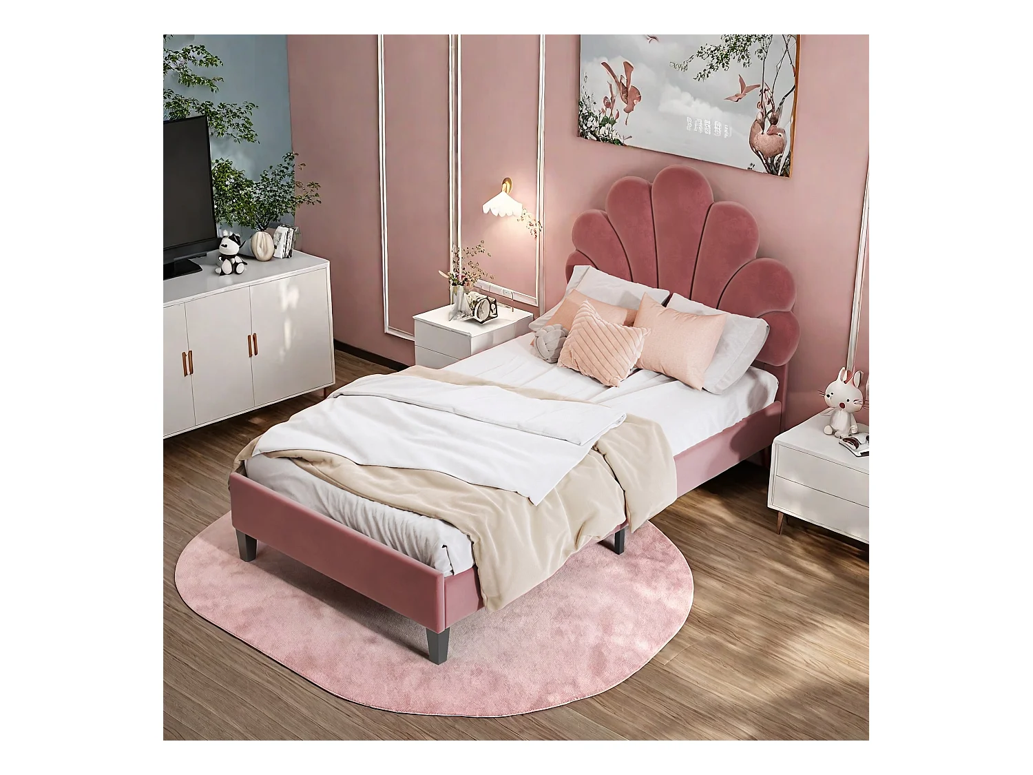 Lit enfant rembourré 90 x 200 cm, cadre de lit avec tête de lit en forme de fleur, lit ado fille, tissu velours