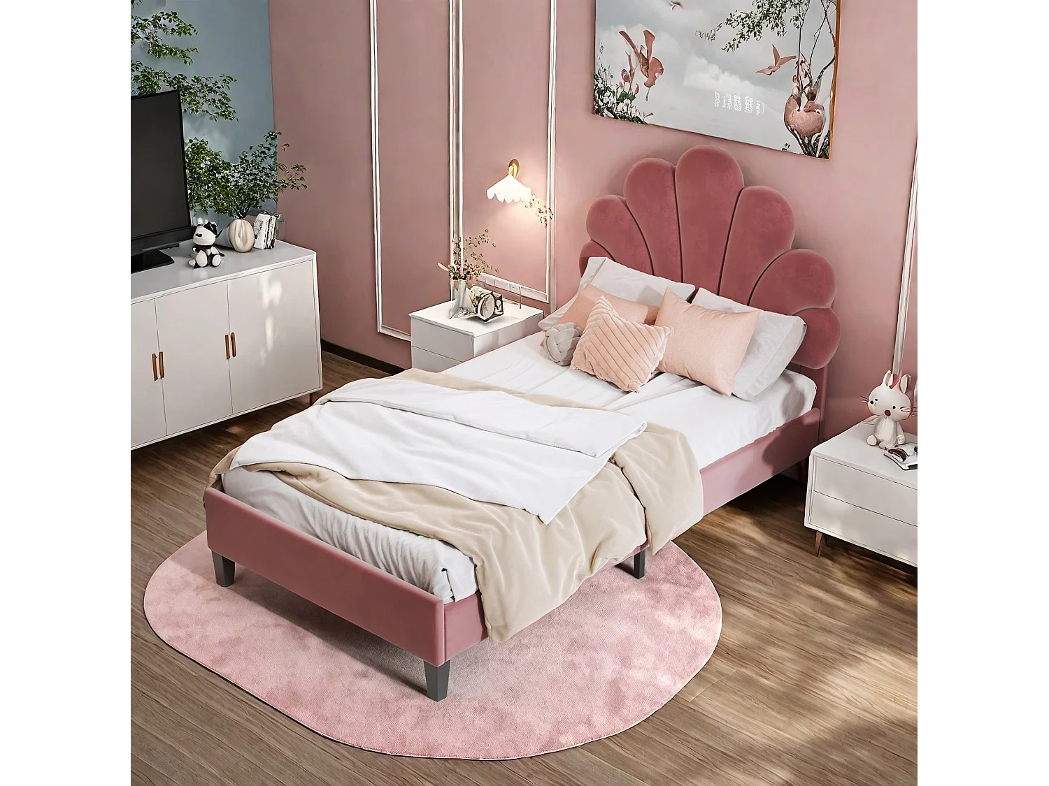 Lit enfant rembourré 90 x 200 cm, cadre de lit avec tête de lit en forme de fleur, lit ado fille, tissu velours
