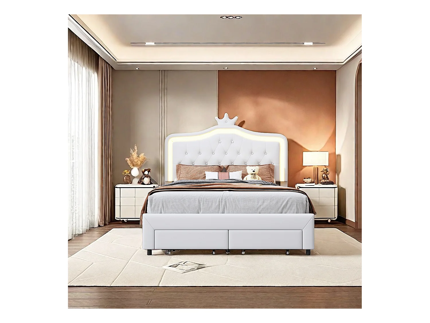 Lit rembourré, lit double 140 x 200 cm, avec rangement, cadre de lit, avec led,  pu, blanc (matelas non inclus)