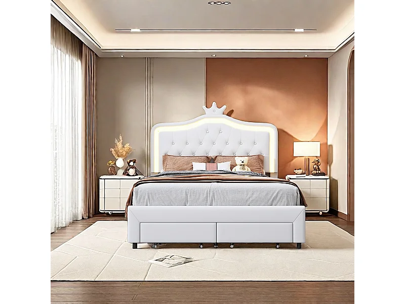 Lit rembourré, lit double 140 x 200 cm, avec rangement, cadre de lit, avec led,  pu, blanc (matelas non inclus)