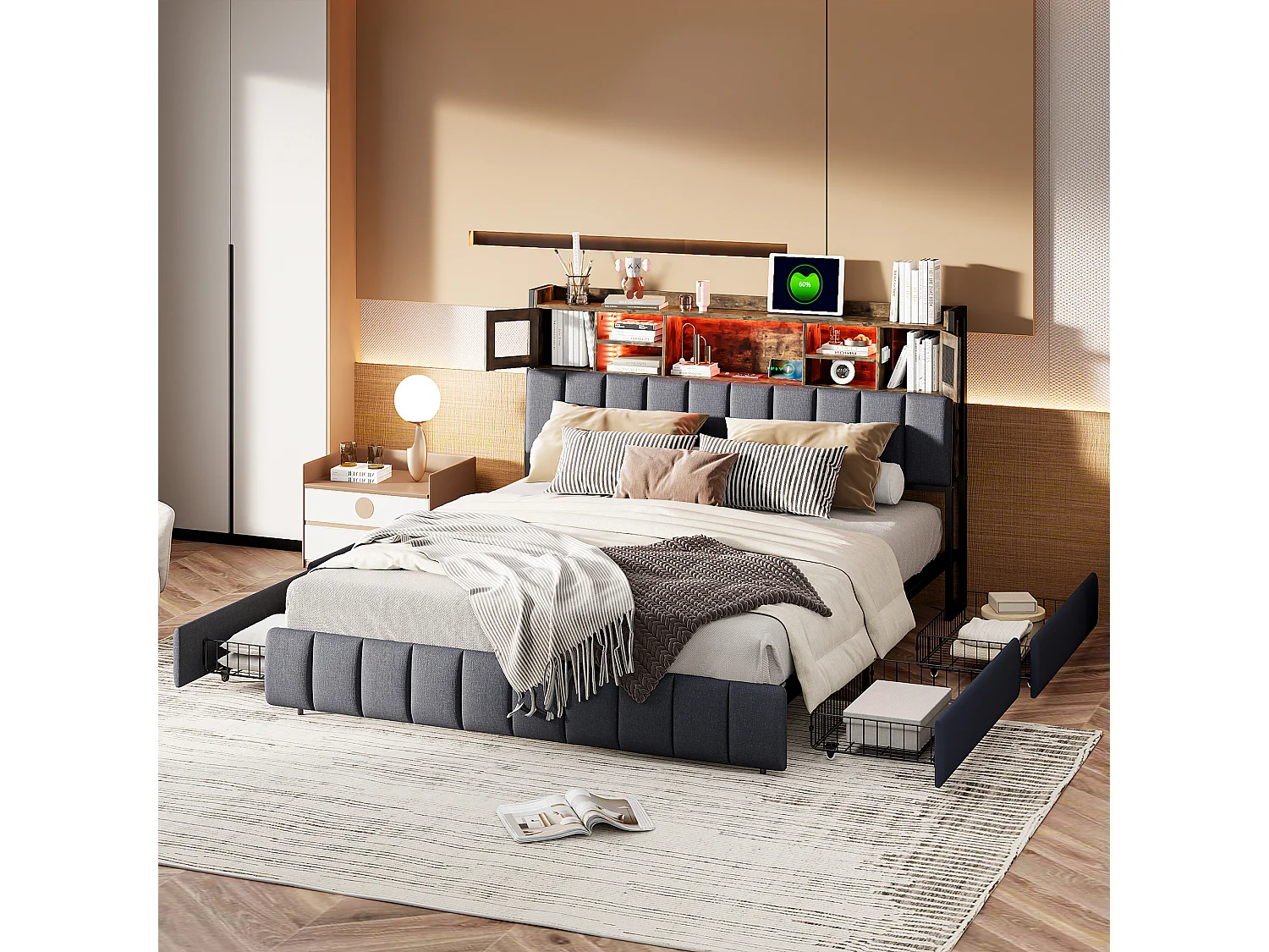 Lit rembourré, lit double rembourré, lit double, 140 x 200 cm, cadre de lit, avec tiroirs, noir, sans matelas