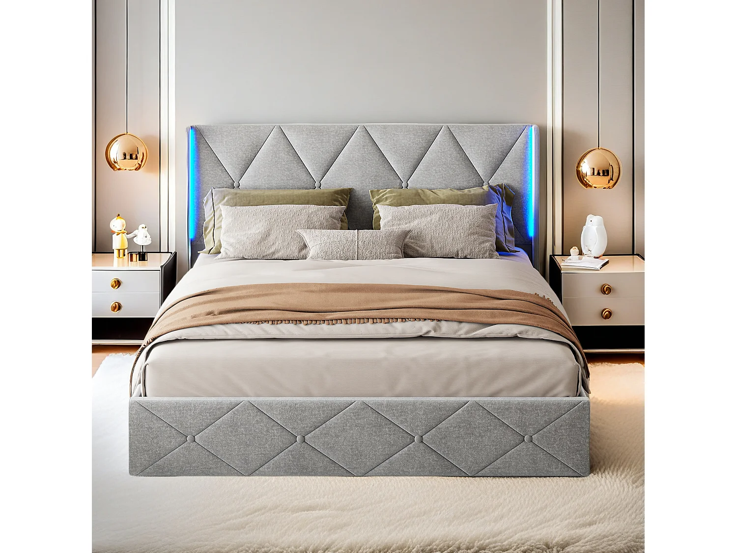 Lit rembourré, lit double, 160 x 200 cm, cadre de lit, lit double, lit de rangement, avec LED, velours, gris, sans matelas