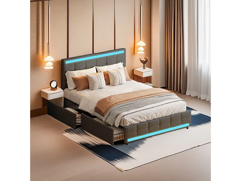 Lit rembourré, cadre de lit, double lit, 140 x 200 cm, avec 4 tiroirs, avec USB, lin, gris, sans matelas