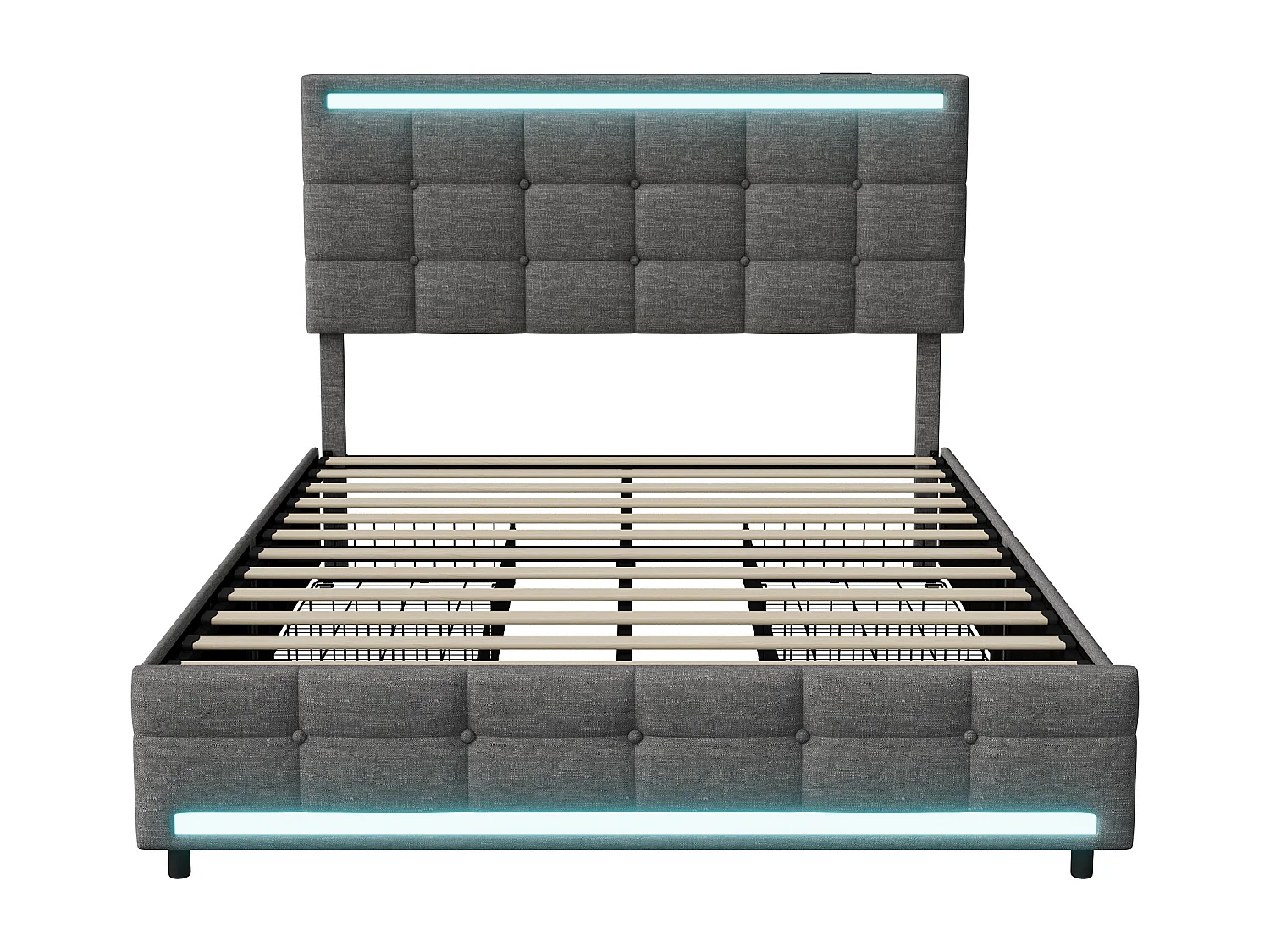 Lit rembourré, cadre de lit, double lit, 140 x 200 cm, avec 4 tiroirs, avec USB, lin, gris, sans matelas