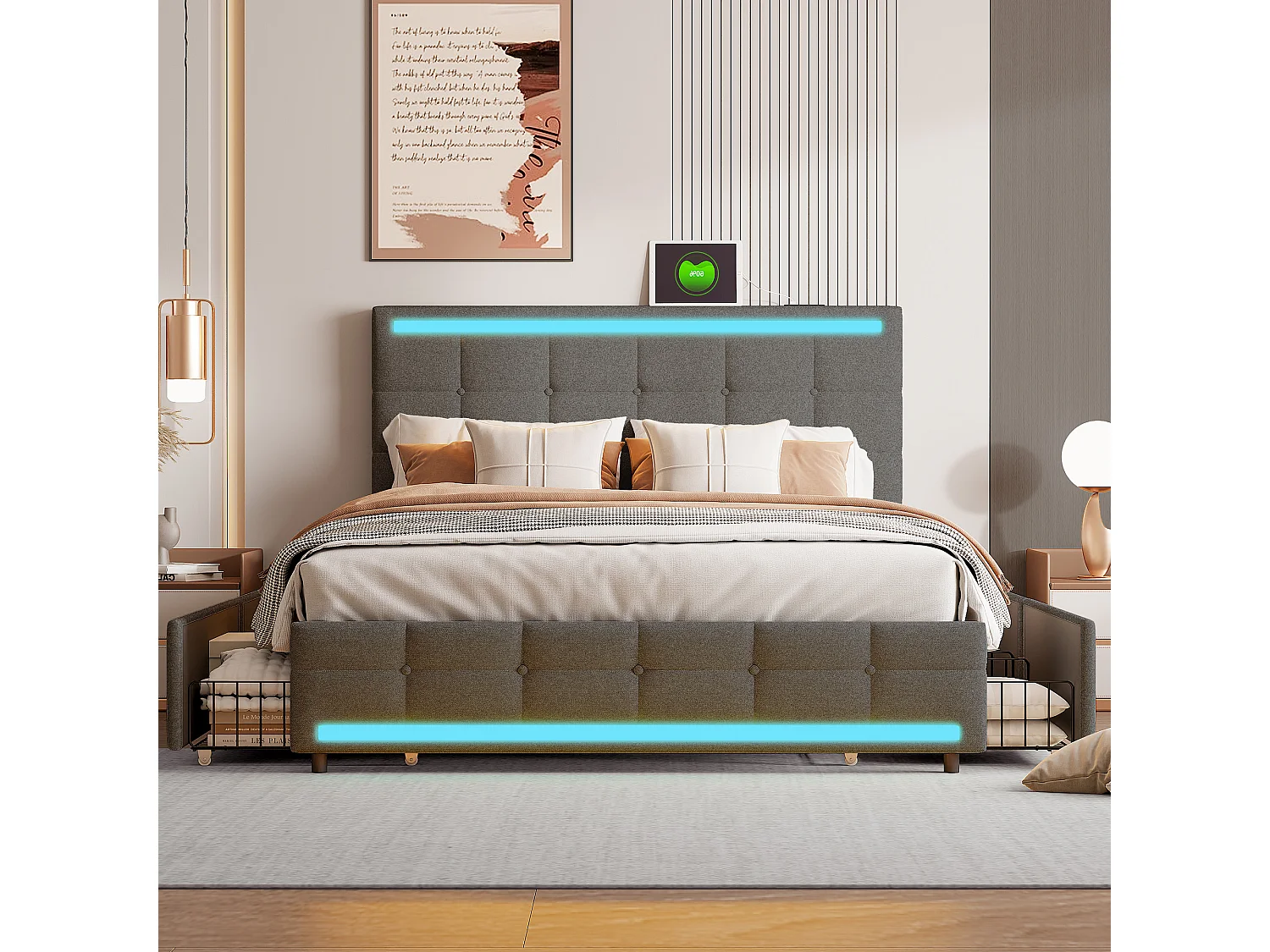 Lit rembourré, cadre de lit, double lit, 140 x 200 cm, avec 4 tiroirs, avec USB, lin, gris, sans matelas