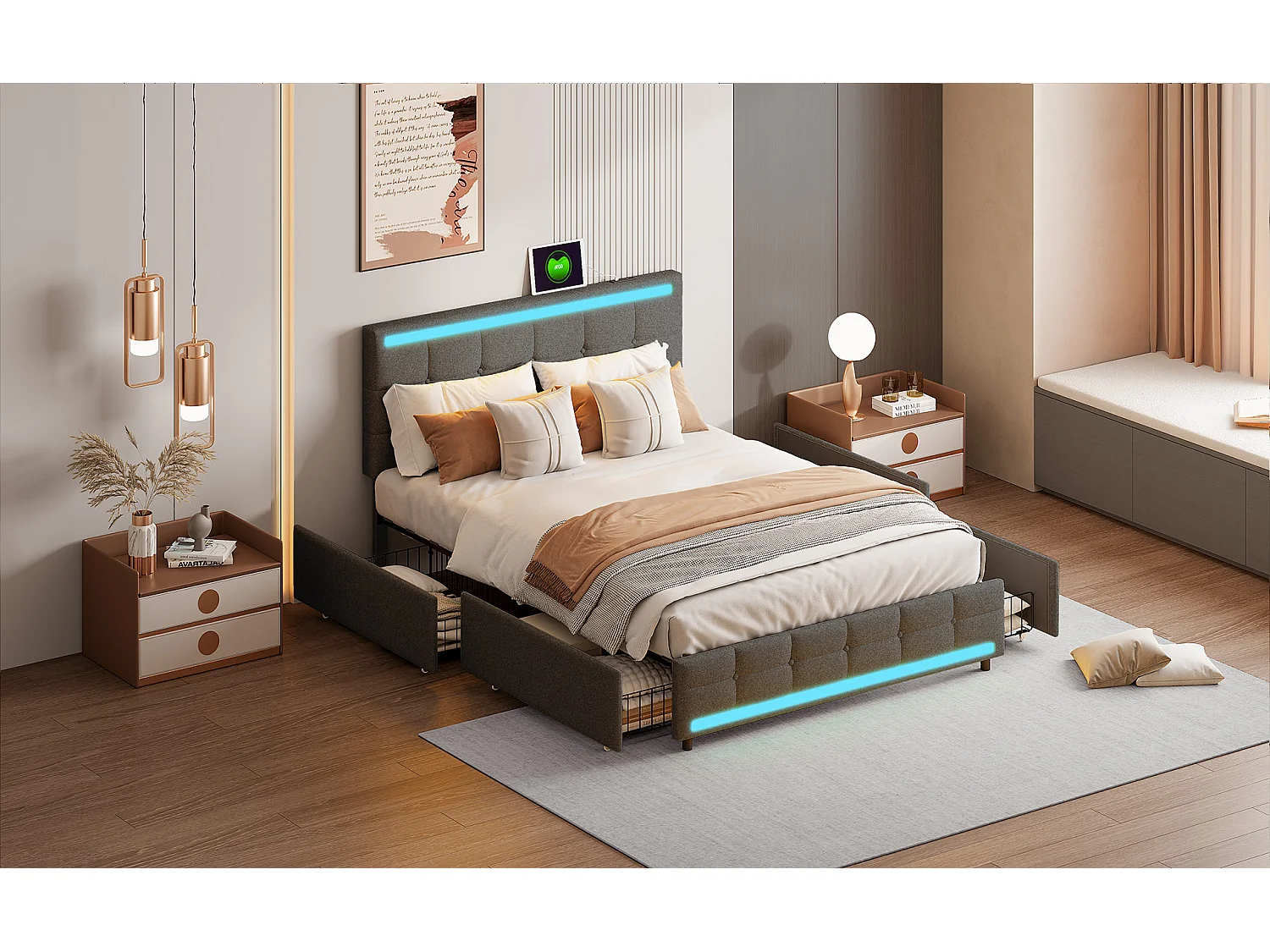 Lit rembourré, cadre de lit, double lit, 140 x 200 cm, avec 4 tiroirs, avec USB, lin, gris, sans matelas