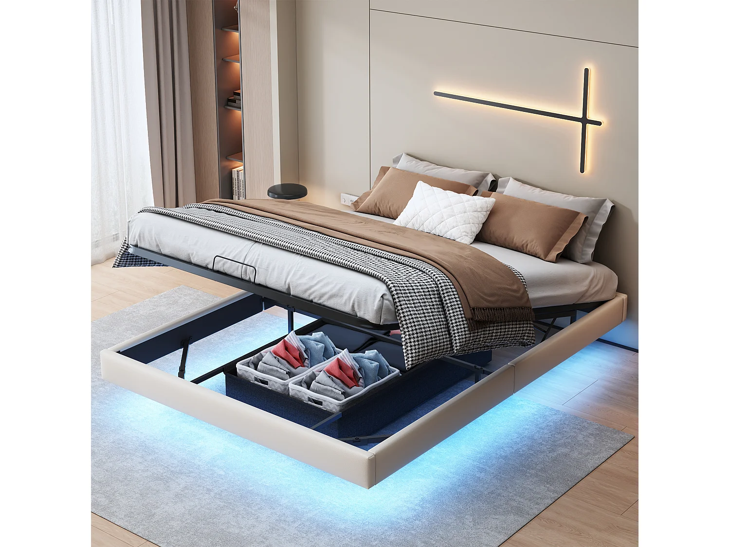 Lit rembourré, lit double, cadre de lit, 160 x 200 cm, lit double, lit de rangement, sans tête de lit, pu, beige, sans matelas